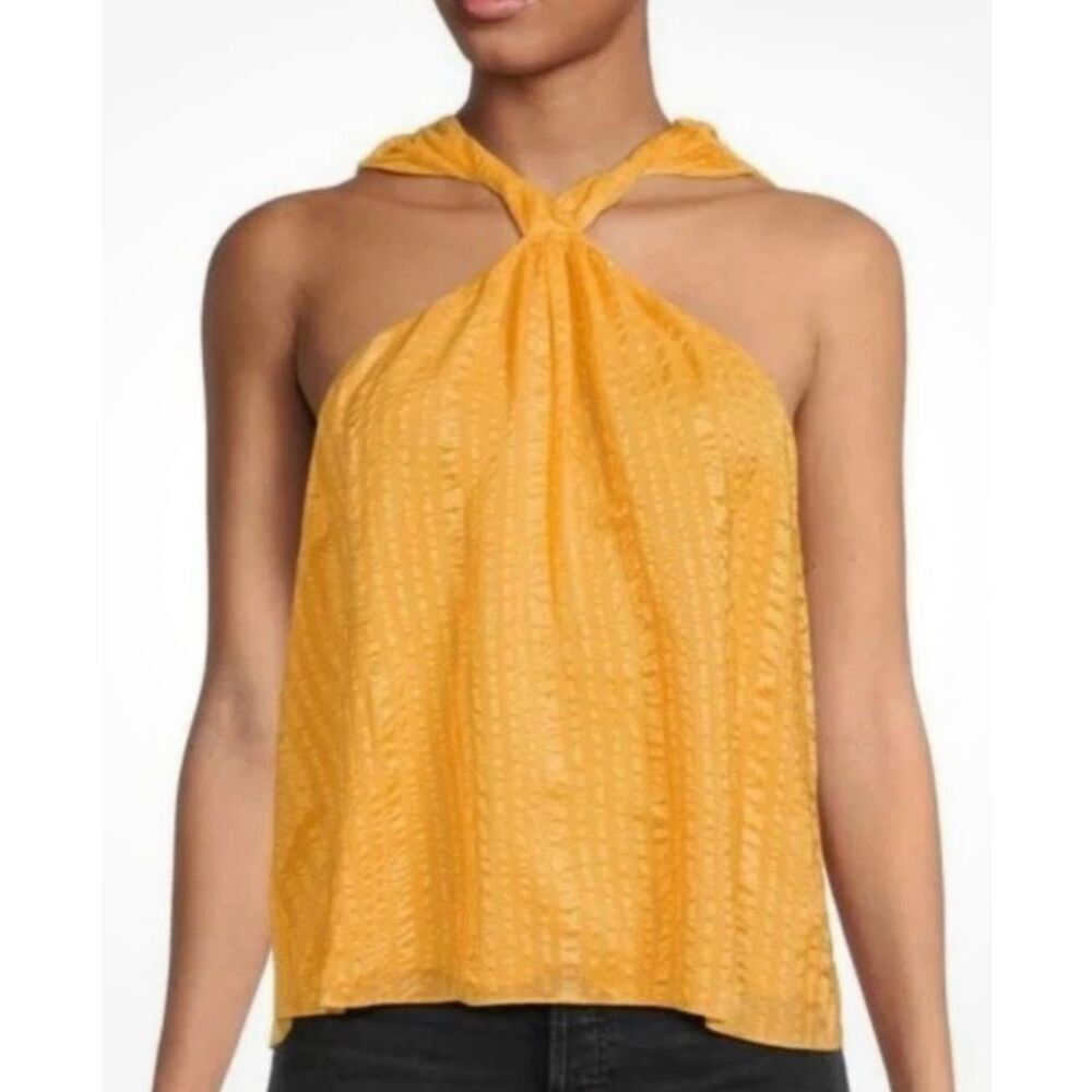 Frame Draped Crinkle Halter Neck Silk Top in Kumquat Yellow NWT Size Large